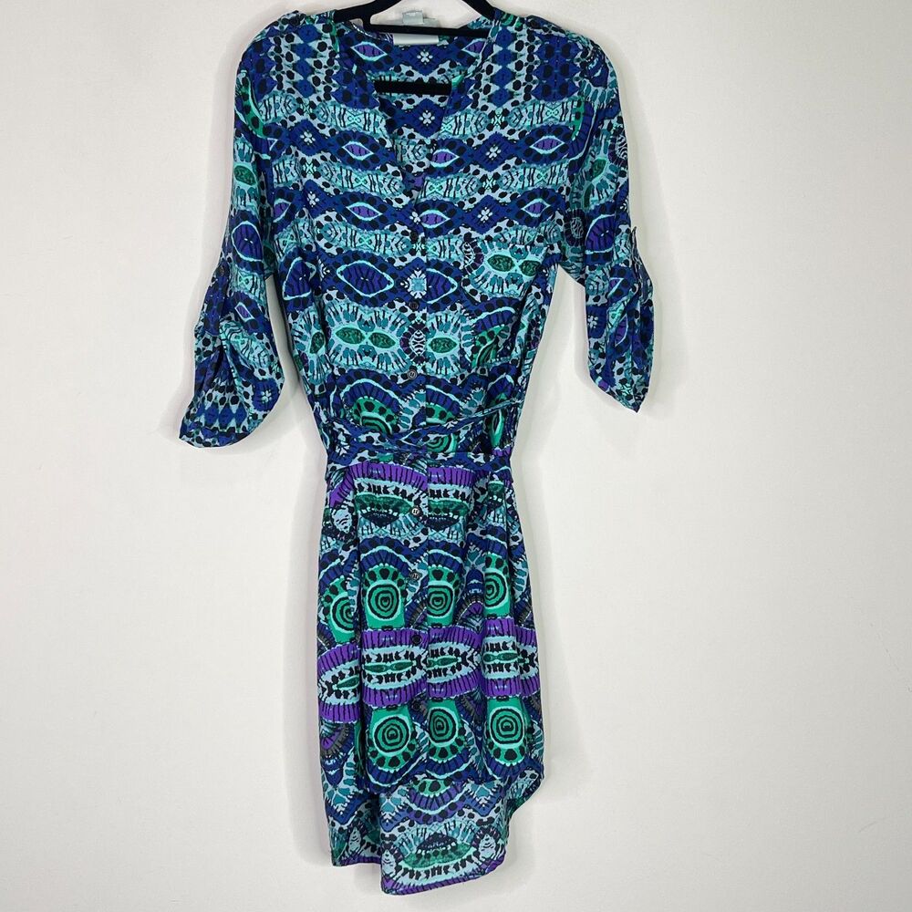 Anthropologie Maeve Ikat Roll Tab Sleeve Belted Shirt Dress Women's Size XS - Picture 10 of 10